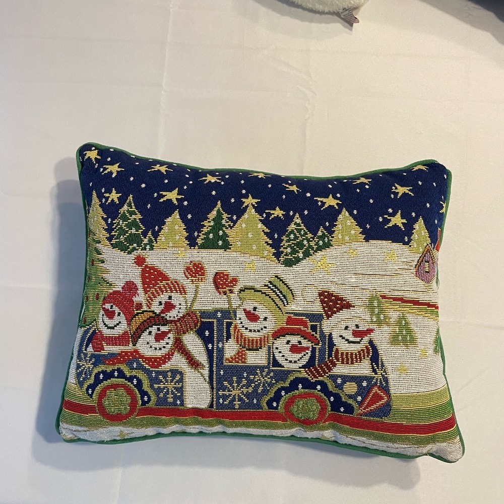 Pier 1 Snowman Family Holiday Pillow - Blue and Green